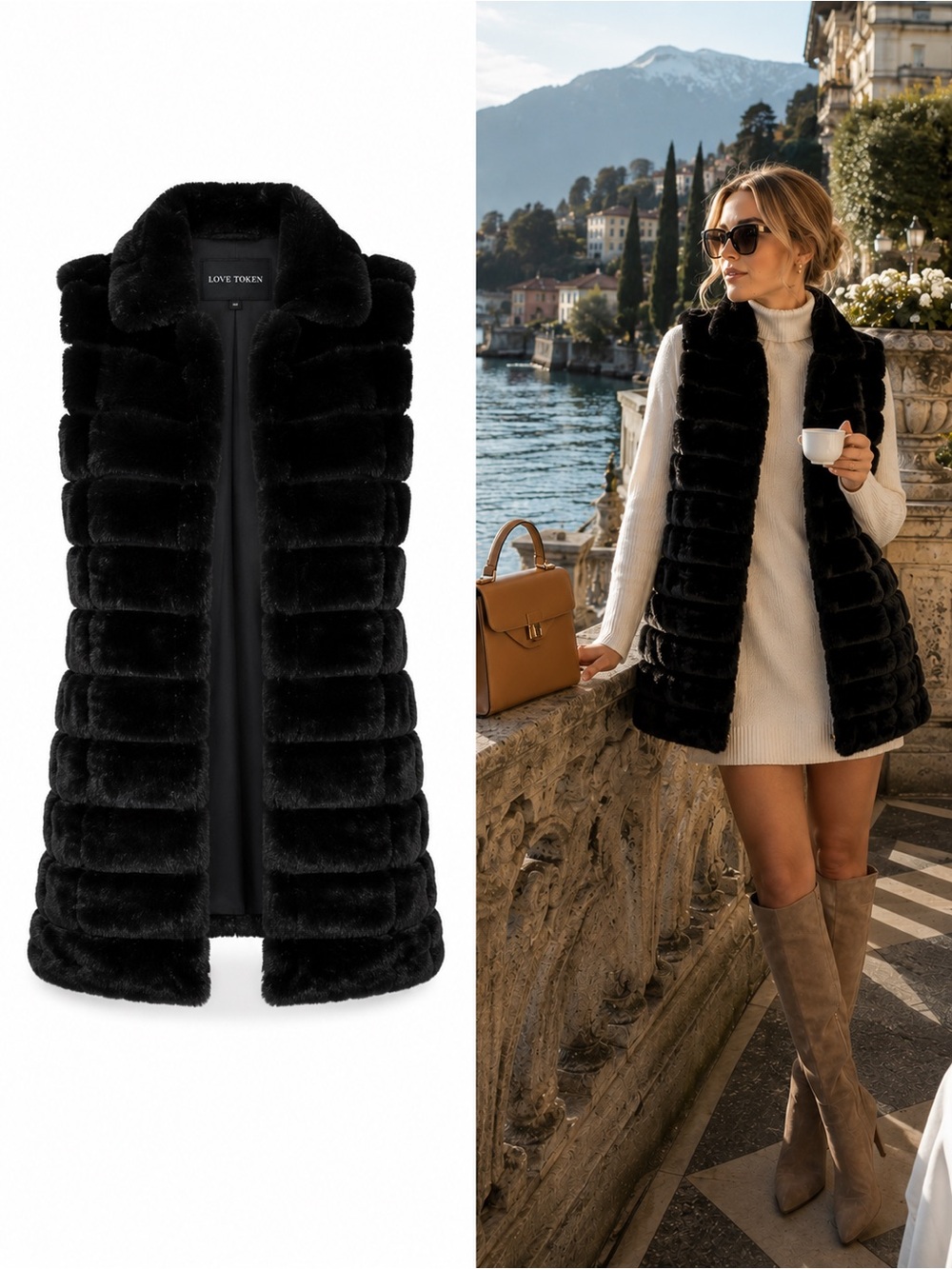 NWT Love Token Black Long Faux Fur Vest Large Luxe Open Front Gilet Quiet Luxury